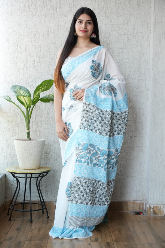 White Blue Printed Cotton Saree – Soft Cotton Saree for Women (MVCS35)