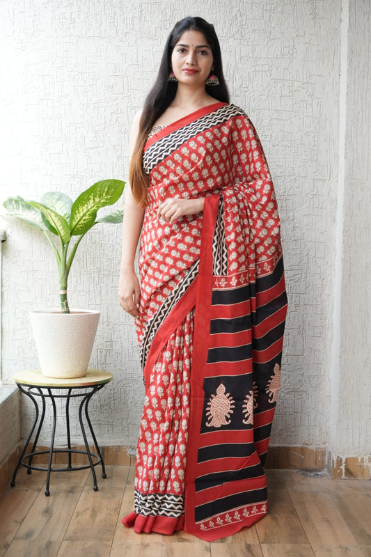 Red Black Designer Cotton Saree – Soft Cotton Saree for Women | Maharani Vastra (MVCS40)