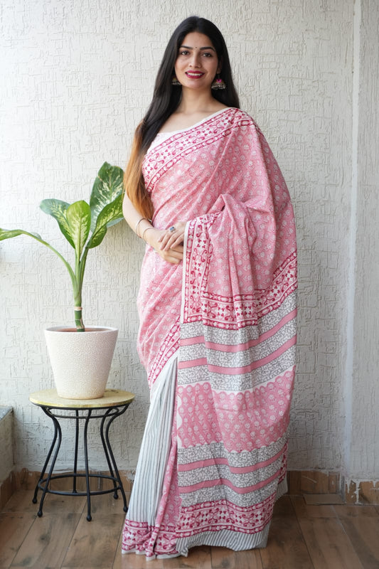 Pink White Printed Cotton Saree – Soft Cotton Saree for Women | Maharani Vastra(MVCS41)