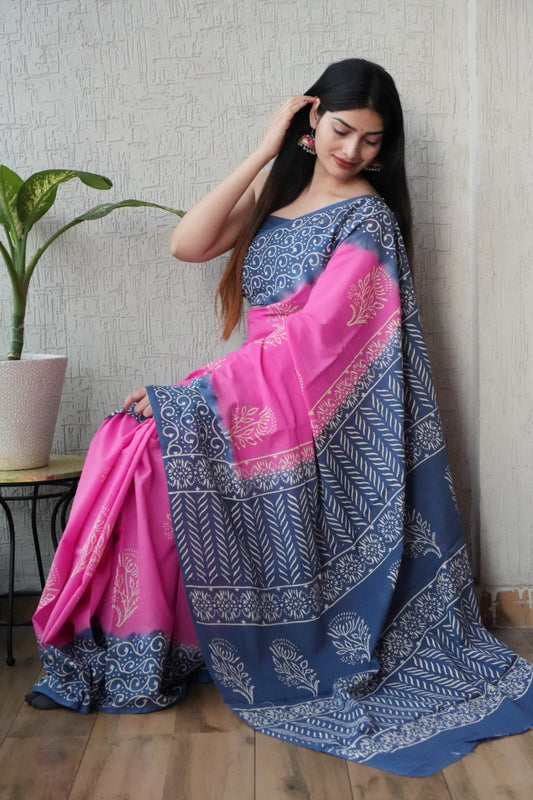 Blue Pink Designer Cotton Saree – Soft Cotton Saree for Women | Maharani Vastra (MVCS42)