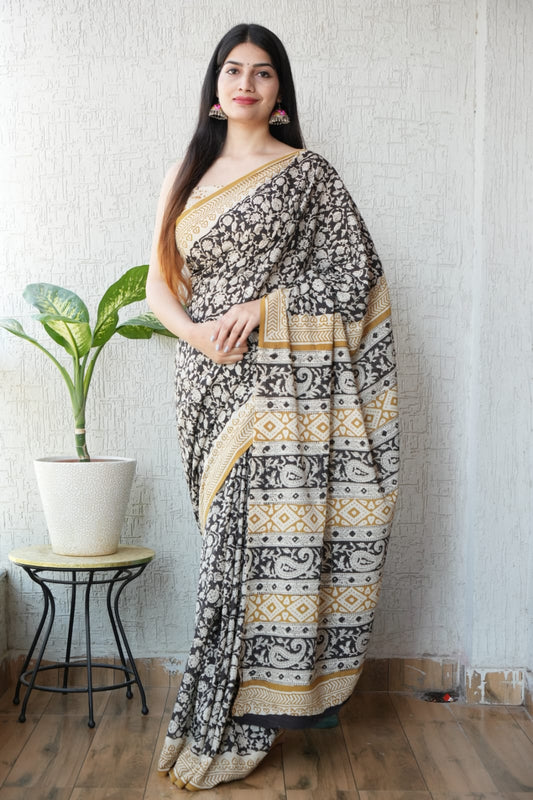 Black Mustard Printed Cotton Saree – Soft Cotton Saree for Women | Maharani Vastra (MVCS44)