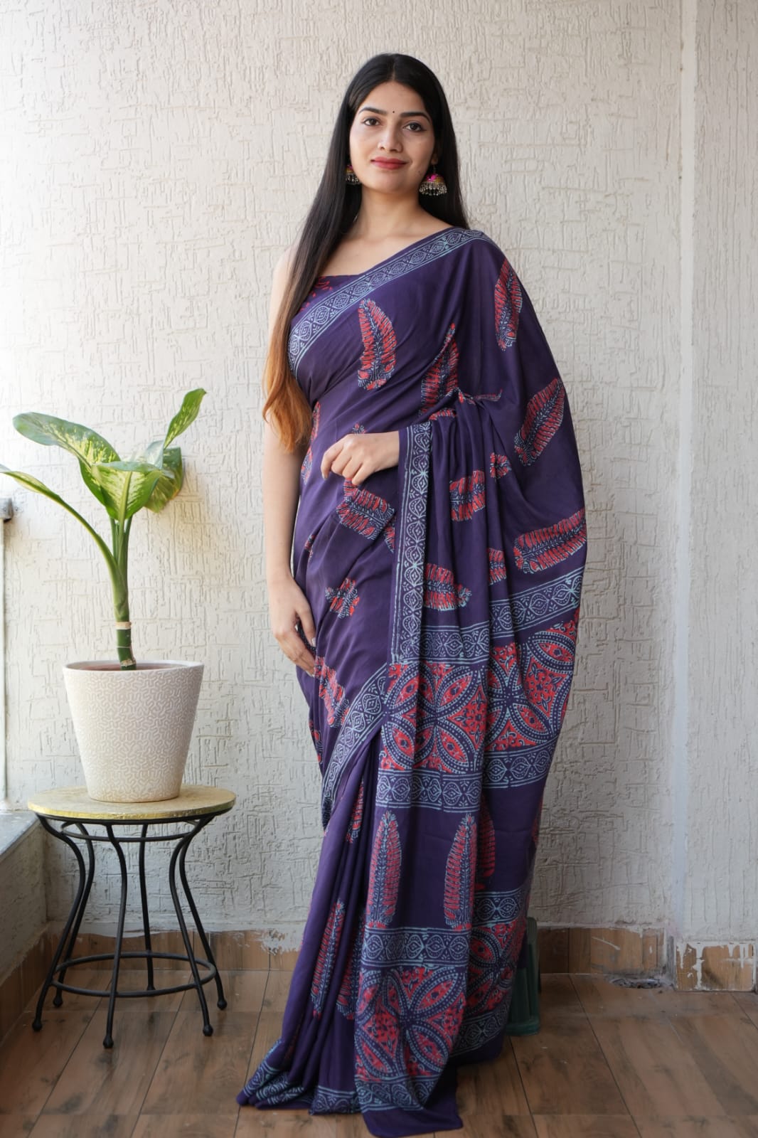 Purple Printed Cotton Saree (MVCS06)