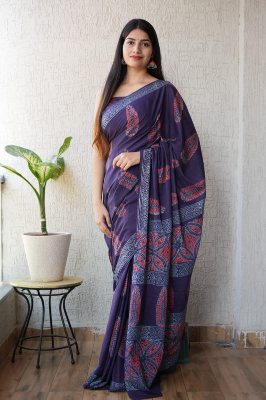 Purple Printed Cotton Saree (MVCS06)