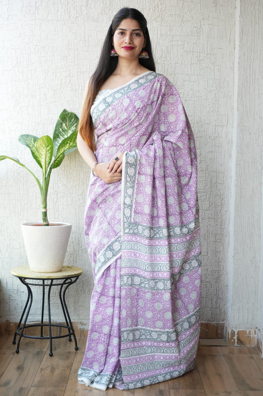 Lavender Printed Cotton Saree – Soft Cotton Saree for Women | Maharani Vastra