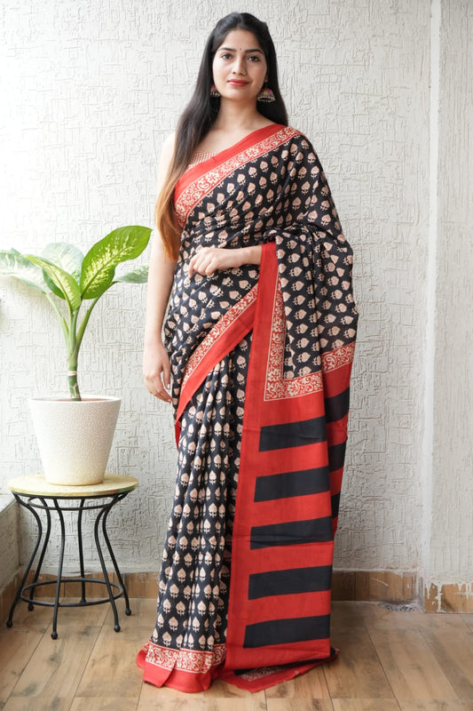 Black Red Designer Cotton Saree – Soft Cotton Saree for Women | Maharani Vastra