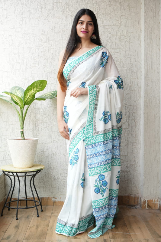 White Green Floral Cotton Saree – Soft Cotton Saree for Women | Maharani Vastra