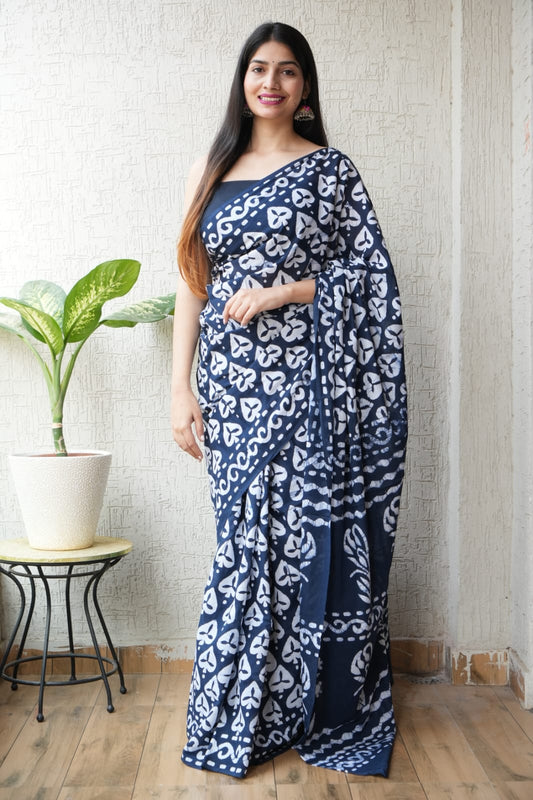 Navy Blue Printed Cotton Saree – Soft Cotton Saree for Women | Maharani Vastra