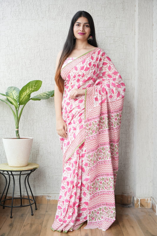 Pink Floral Printed Cotton Saree – Soft Cotton Saree for Women | Maharani Vastra