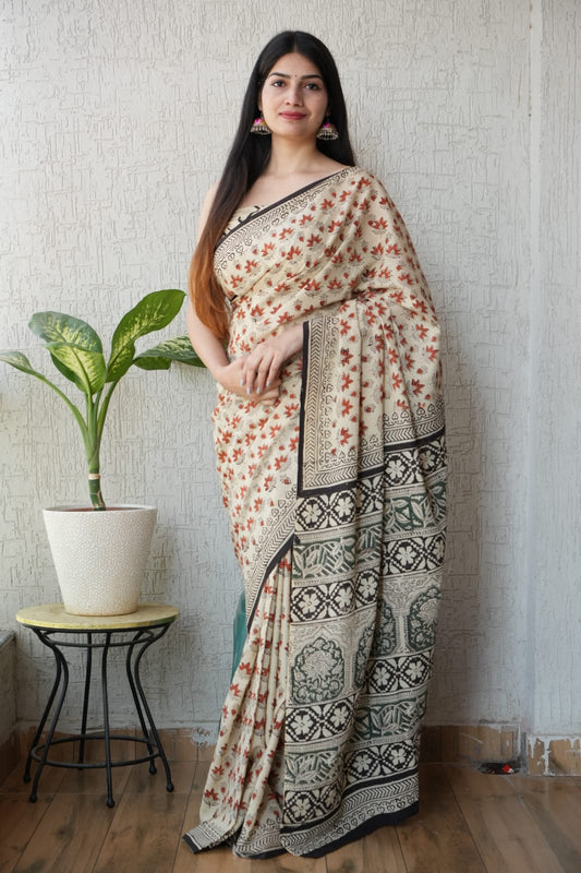 Beige Printed Cotton Saree – Soft Cotton Saree for Women | Maharani Vastra