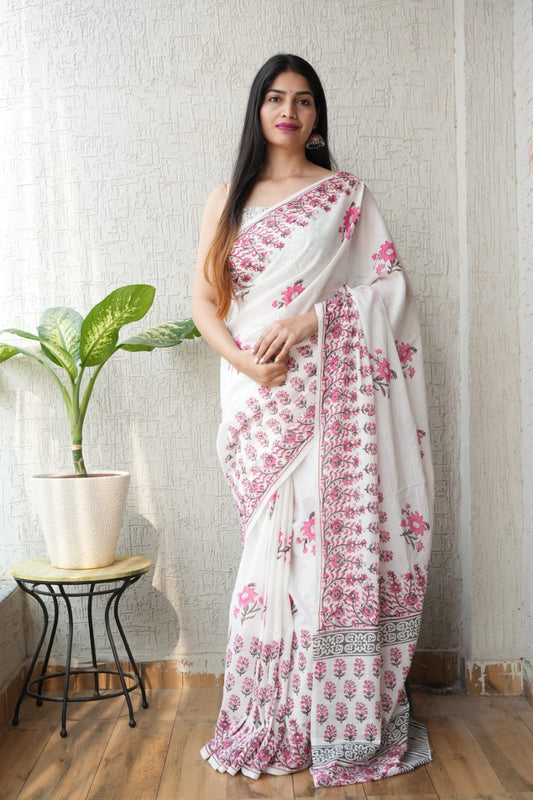 White Floral Printed Cotton Saree – Soft Cotton Saree for Women (MVCS08)