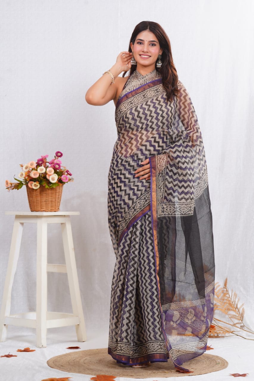 Grey & Purple Zigzag Printed kota doriya saree (MVKS18)