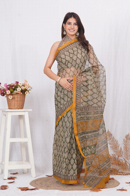 Green & Mustard Printed kota doriya saree (MVKS24)
