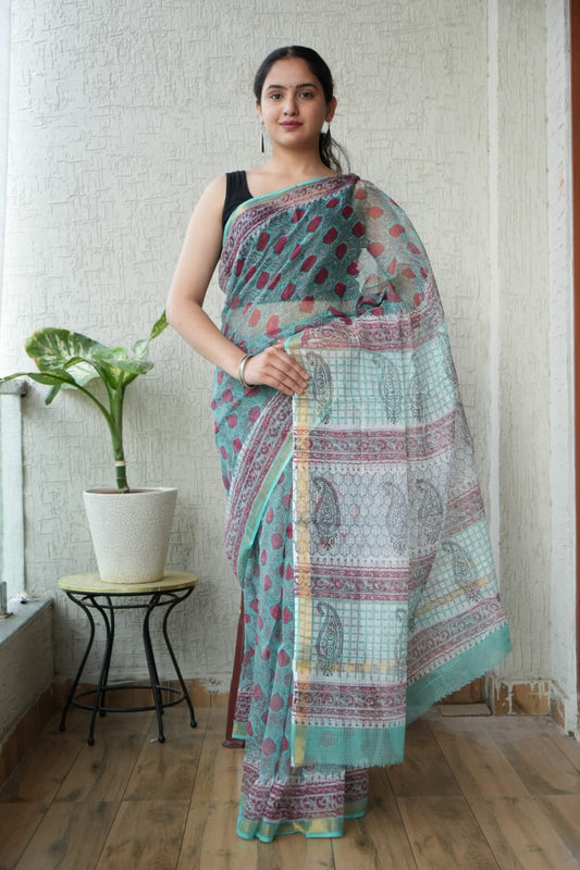Sea Green & Pink Printed kota doriya saree (MVKS37)