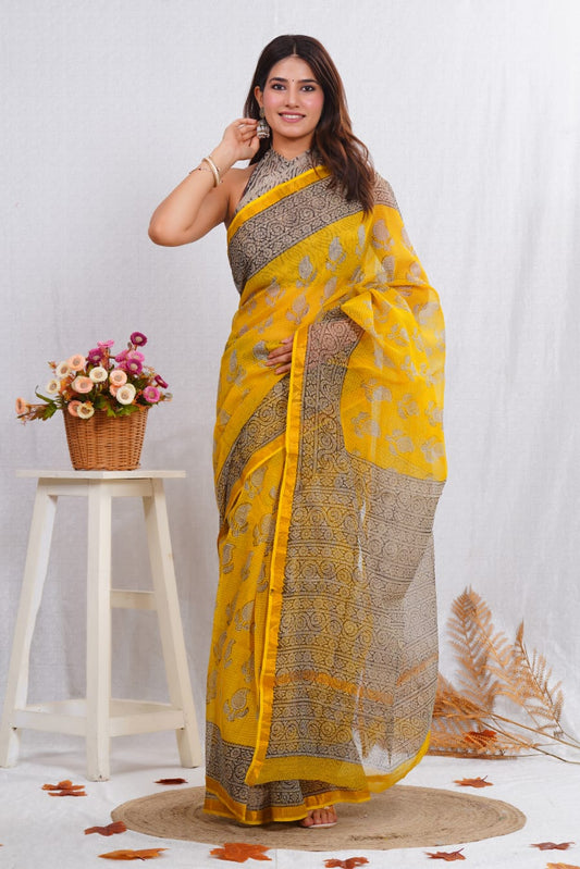Yellow & Beige Printed kota doriya saree (MVKS39)