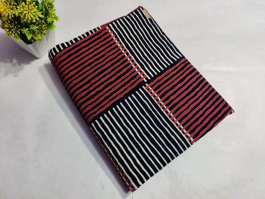 black red white stripe patch printed cotton fabric for kurti dress material Maharani Vastra India