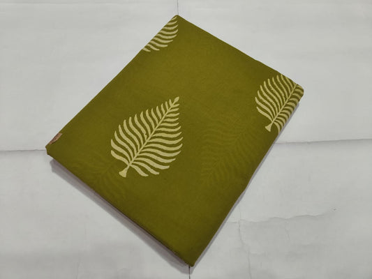 Olive Green Leaf Printed Cotton Fabric Elegant Style | Maharani Vastra