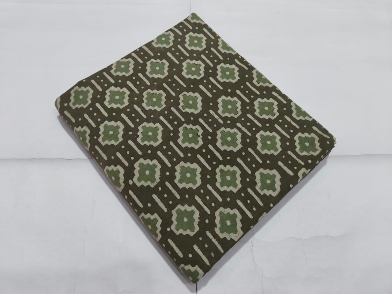 Olive Green Geometric Printed Cotton Fabric | Maharani Vastra