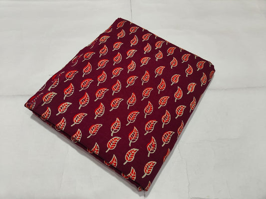 Maroon Leaf Printed Cotton Fabric Ethnic Style | Maharani Vastra