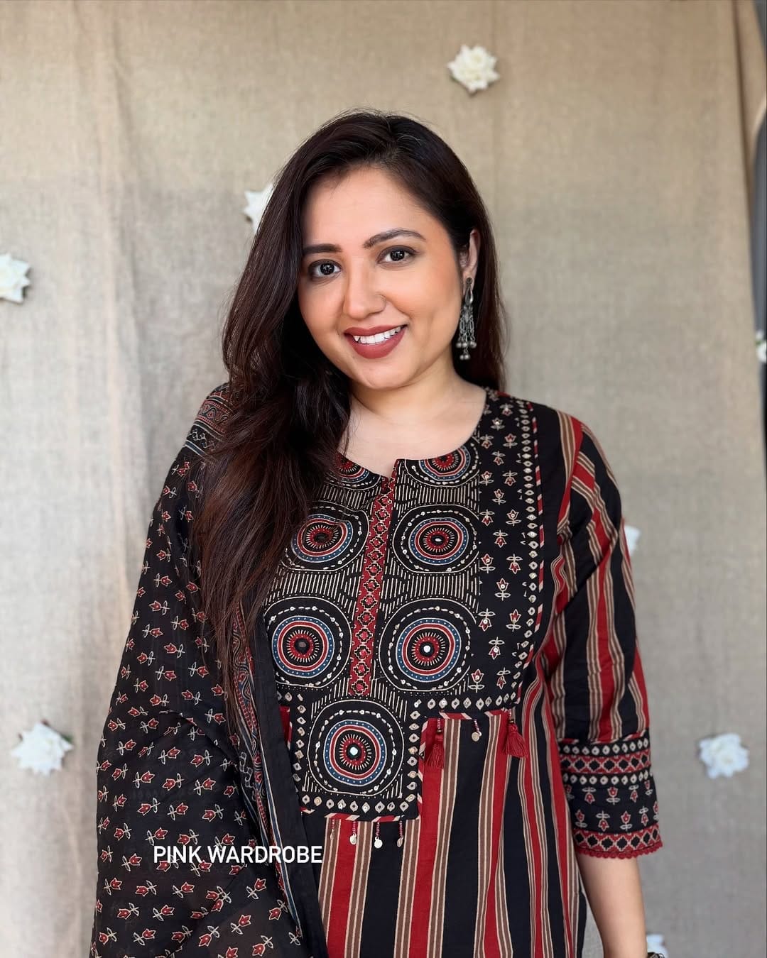 Black Cotton Printed Kurti Pant Dupatta Set for Women