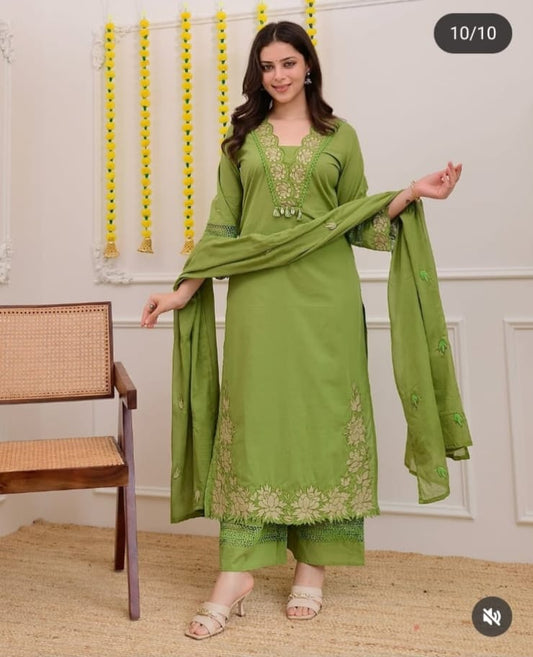 Olive Green Embroidered Kurta Set for Women | Floral Embroidery Kurta Pant Dupatta Set