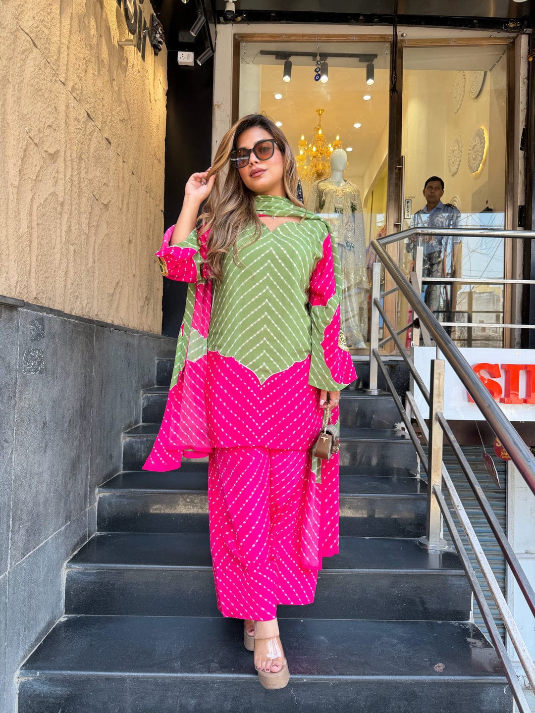 Pink & green Bandhani Print Co-ord Set | Vibrant Chevron Leheriya Kurta Palazzo Set