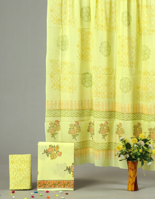Lemon Yellow Hand Block Printed Cotton Suit Set with Floral Border | Unstitched (MVCOT85)