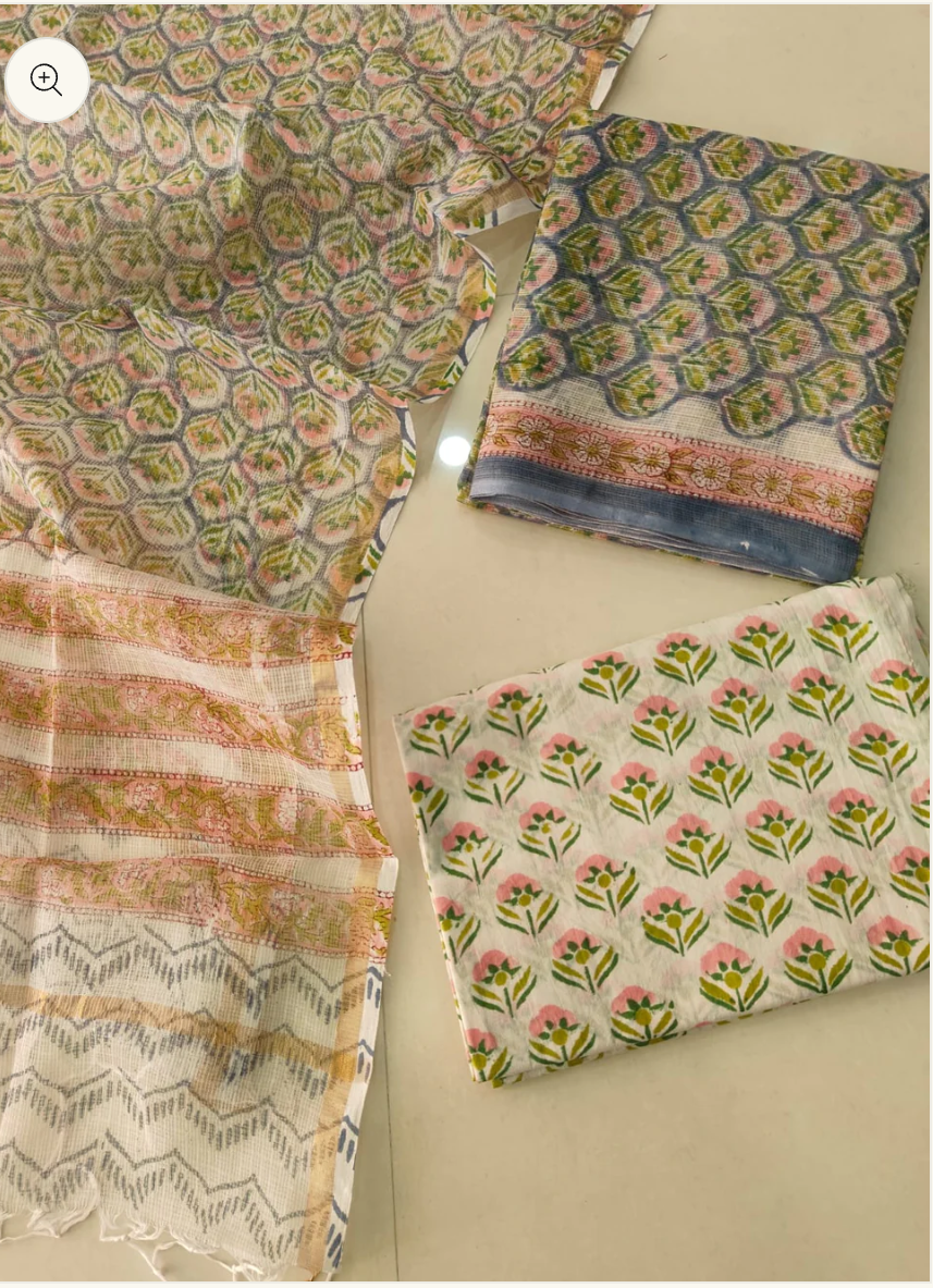 Beige Red Handblock Printed kota doriya Fabric (MVFKO55)