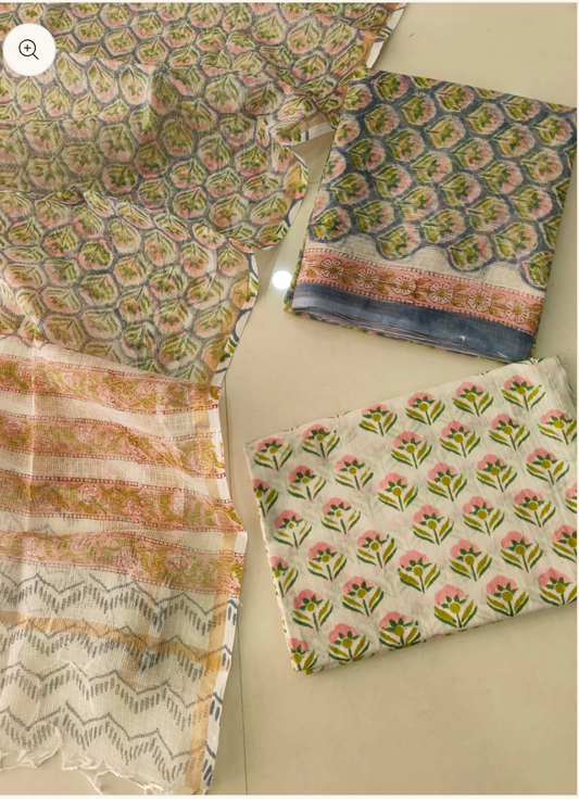 Beige Red Handblock Printed kota doriya Fabric (MVFKO55)