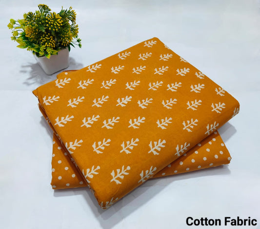 Mustard Yellow Leaf Printed Cotton Fabric – Summer Kurti Material(MVTB90)