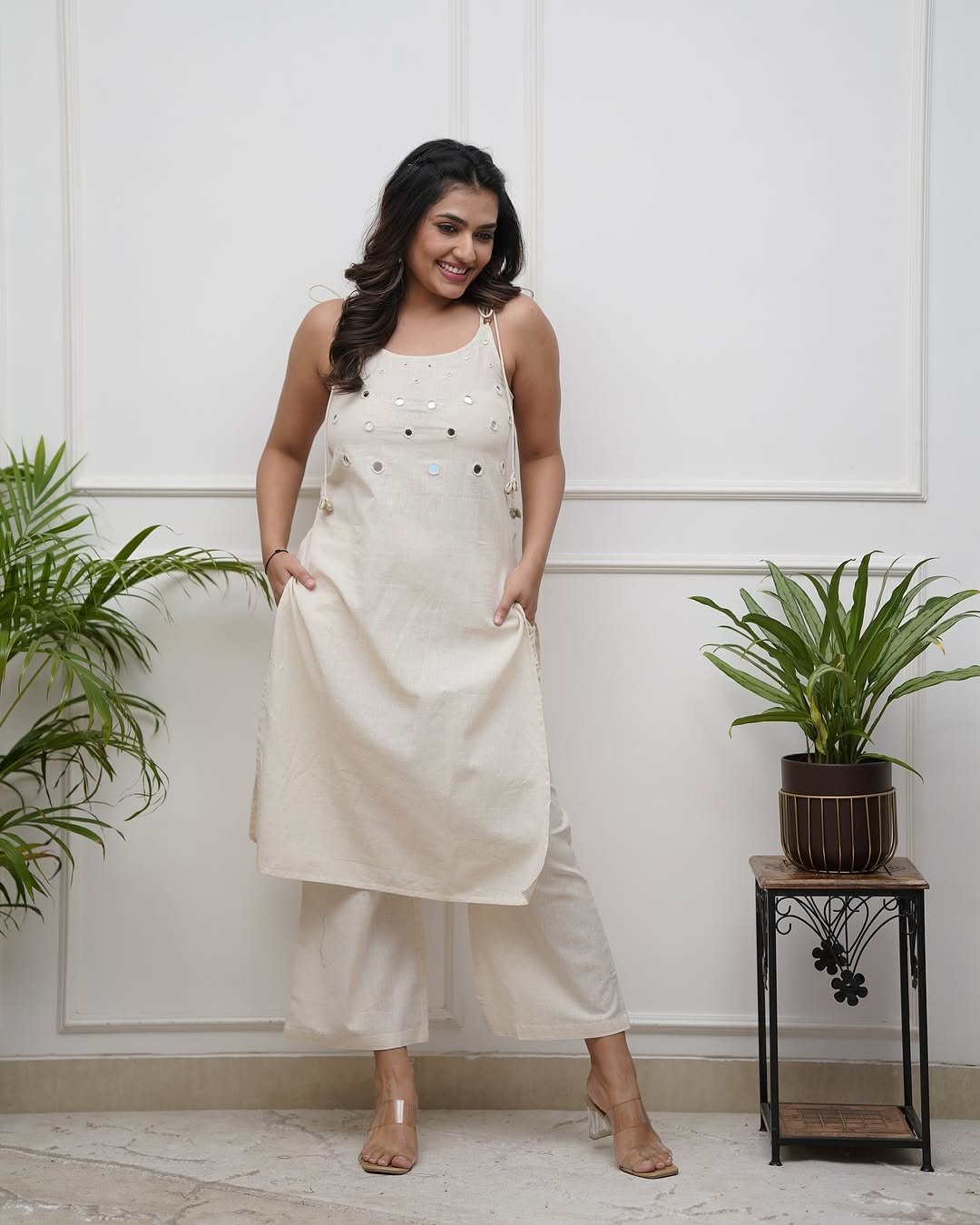 Off White Cotton Slub Cord Set for Women | Sleeveless Kurta Plazo Set with Mirror Work