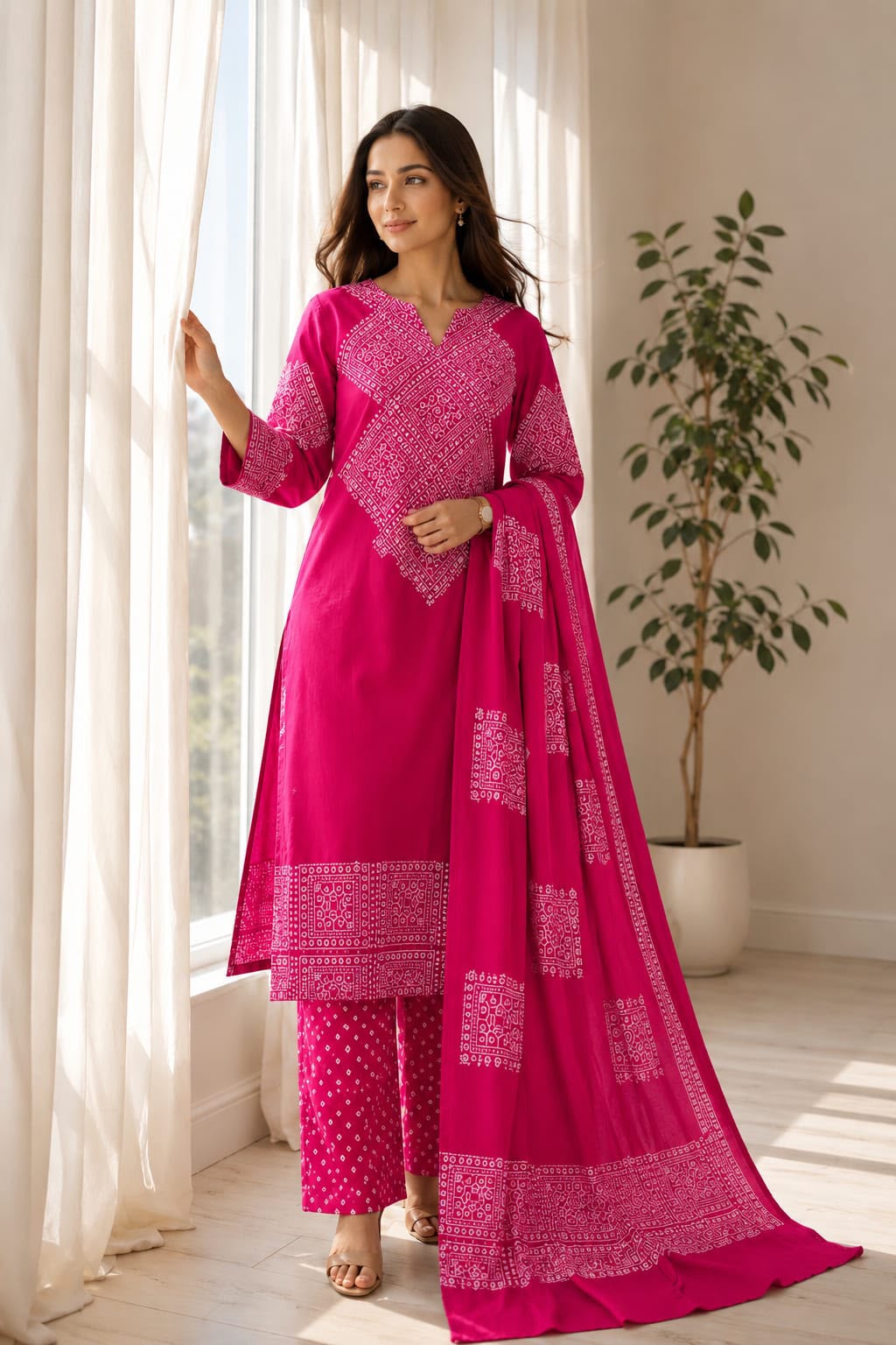 Pink Bandhani Print Cotton Kurti Palazzo Dupatta Set