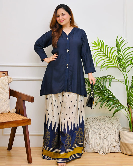 Navy Blue Indo-Western Palazzo Set for Women | Pure Cotton Tunic with Ikat Print Palazzo