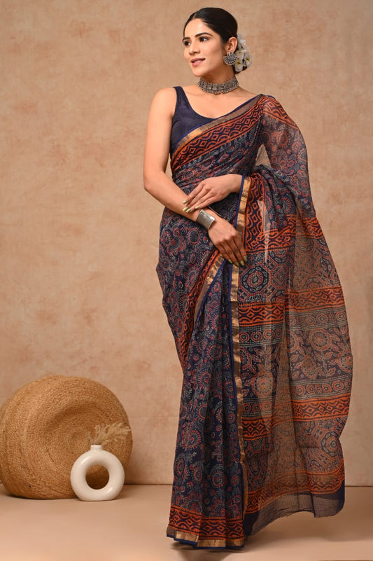 Navy Blue Kota Doriya Saree | Ajrak All-Over Hand Block Print  (MVKS65)