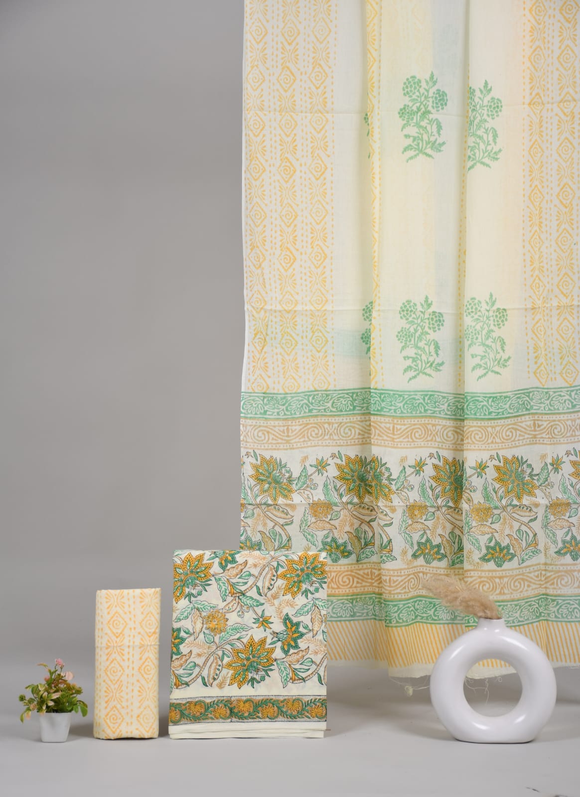 Yellow Green Floral Hand Block Printed Cotton Unstitched Suit Set (MVCOT61)