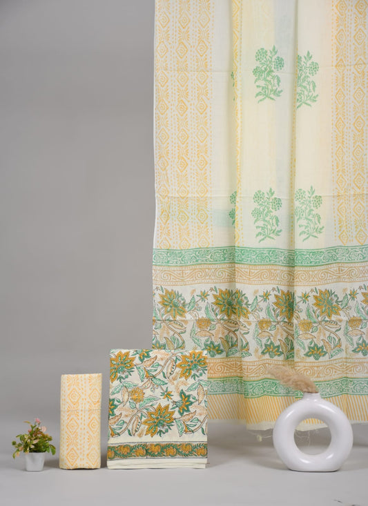 Yellow Green Floral Hand Block Printed Cotton Unstitched Suit Set (MVCOT61)