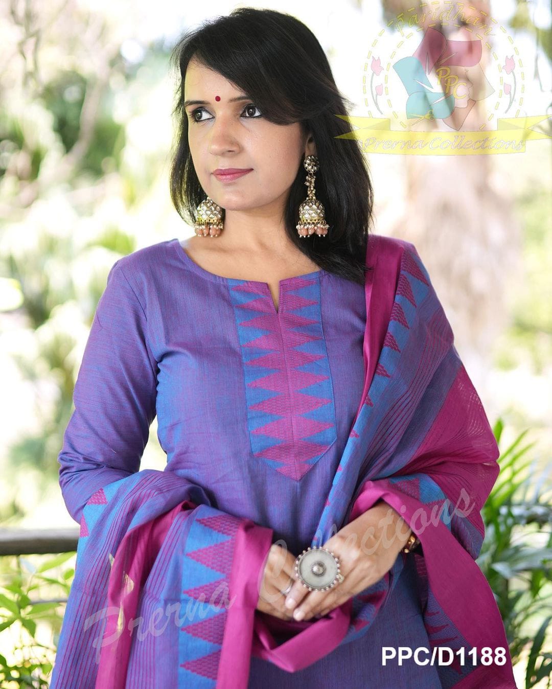 Purple Pink South Cotton Handloom Kurti Set with Temple Border