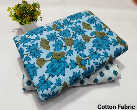 Light Blue Floral Printed Top & Bottom Suit Set – Elegant Cotton Suit Material (MVTB38)