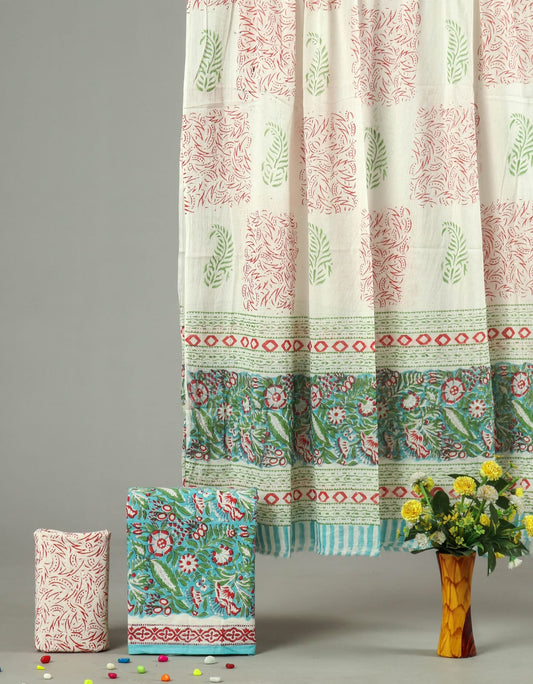 Cream Red Green Hand Block Print Cotton Suit | Traditional Ethnic Design (MVCOT04)