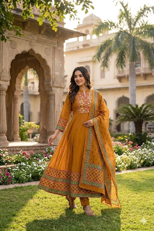 Mustard Yellow Cotton 12 Kali Anarkali Suit Set