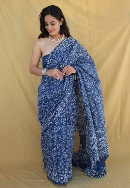 Indigo Blue Hand Block Printed Cotton Saree with Blouse (MVCS80)