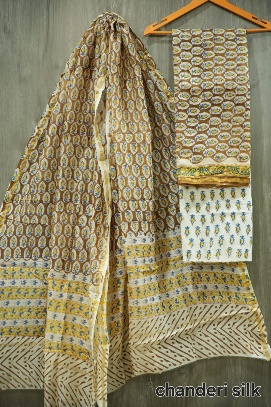 Brown & Yellow Hand Block Print Chanderi Silk Dress Material (MVCHS01)