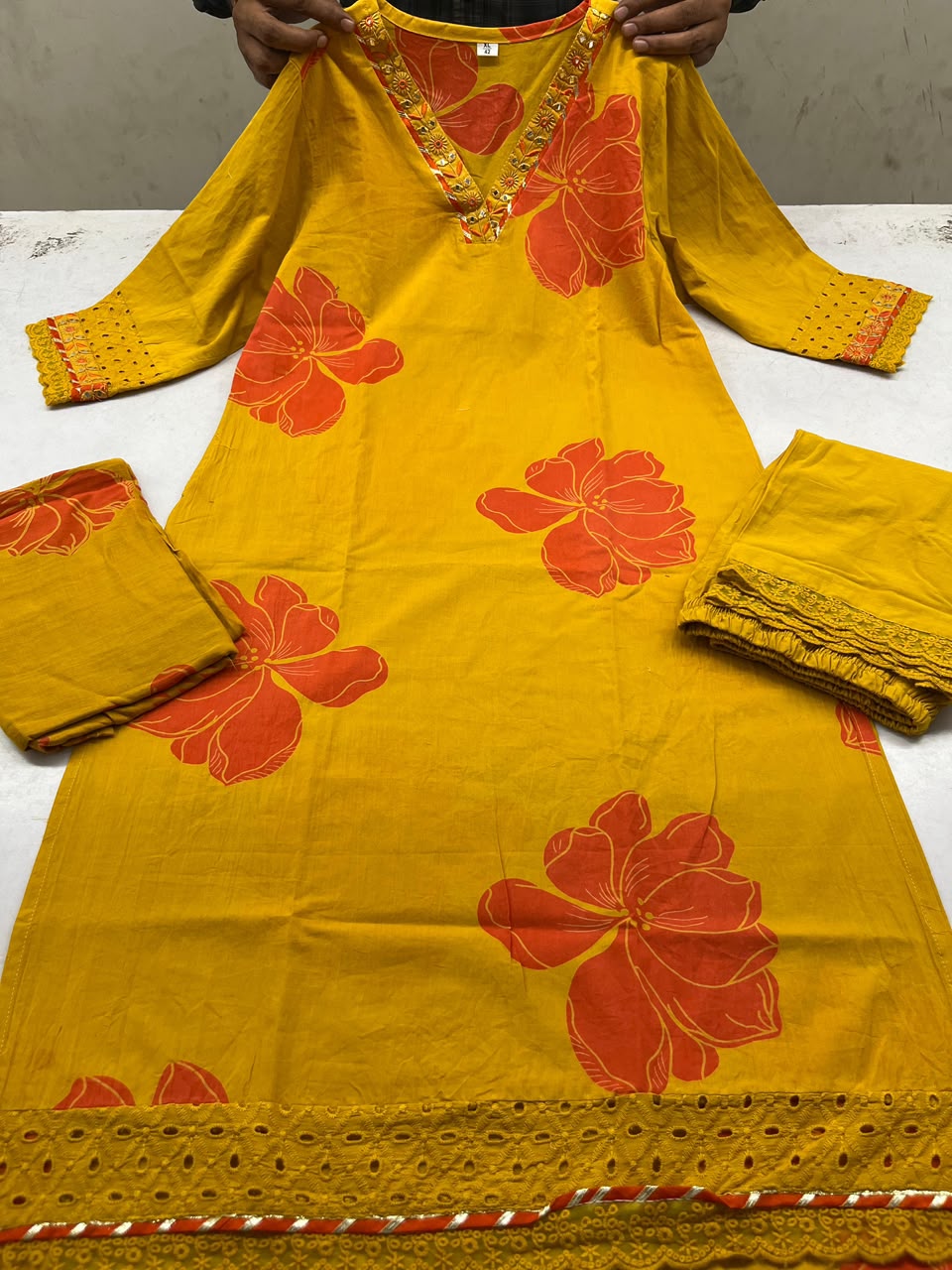 Mustard Yellow Pure Cotton Printed Kurti Pant Dupatta Set