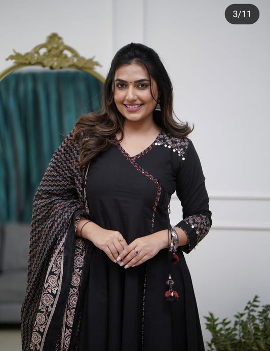 Black Cotton Angrakha Anarkali Suit