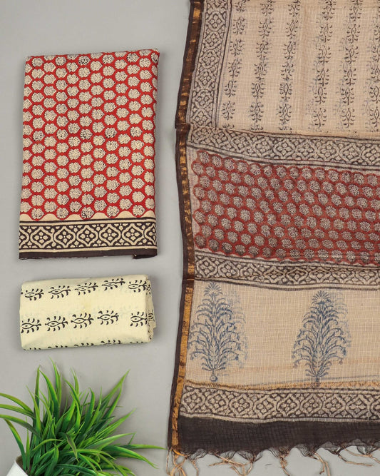 Rich Red & Cream Hand Block Printed Cotton Suit with Kota Doria Dupatta (MVCOTKD16)