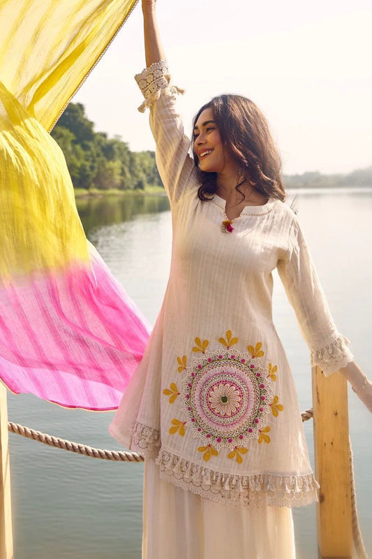 Off-White Embroidered Sharara Suit for Women | Pure Cotton Shifli Lino Kurta Set with Lahariya Tie-Dye Dupatta