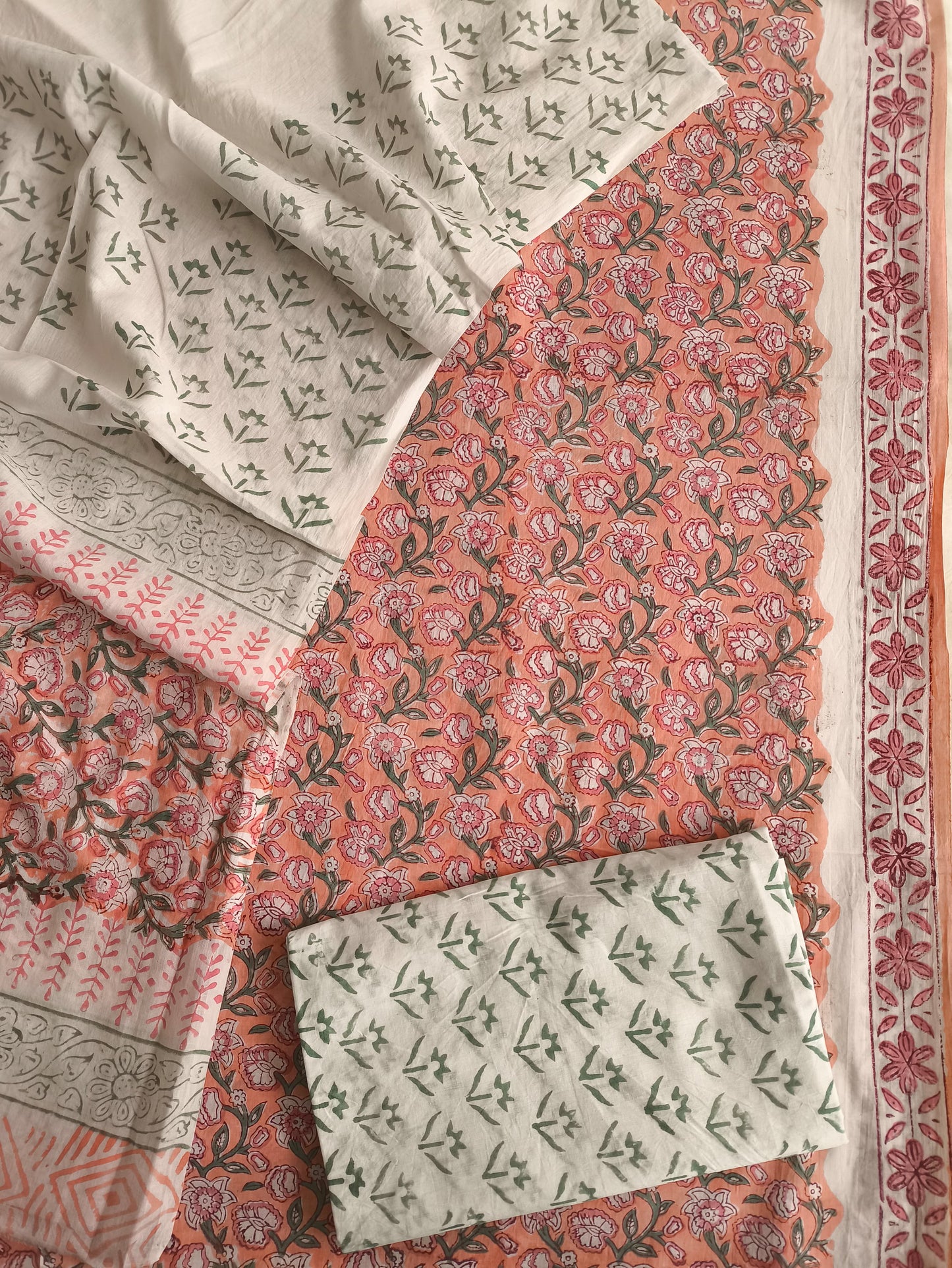 Soft Pink Hand Block Print Cotton Suit Set | Floral Ethnic Wear (MVCOT07)
