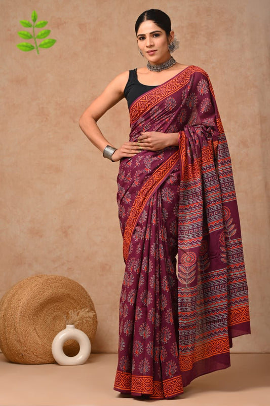 Maroon Hand Block Printed Cotton Saree with Blouse Maharani Vastra (MVCS56)