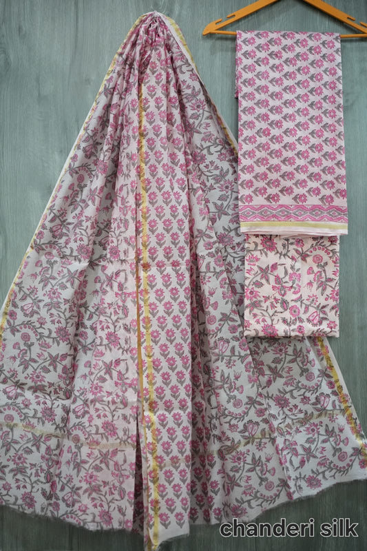 Baby Pink & Grey Small Floral Butti Hand Block Print Chanderi Silk Dress Material (MVCHS24)