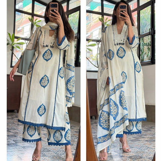 Jaipuri Print Premium Cotton Kurta Set – Indigo Blue