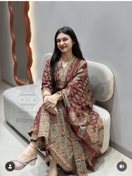 A-Line Flared Kurta Set – Saganeri Print with Adda Work | Maroon